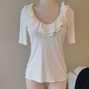Express White Ruffle V-Neck Tee